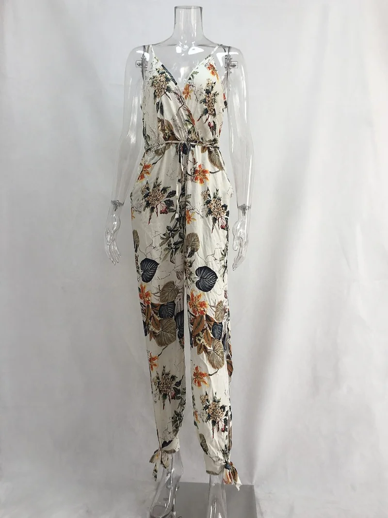 2021 Summer Women Deep V-Neck Halter Casual Jumpsuits Elegant Floral Print Sexy Sleeveless Backless Beach Romper Pants Playsuit