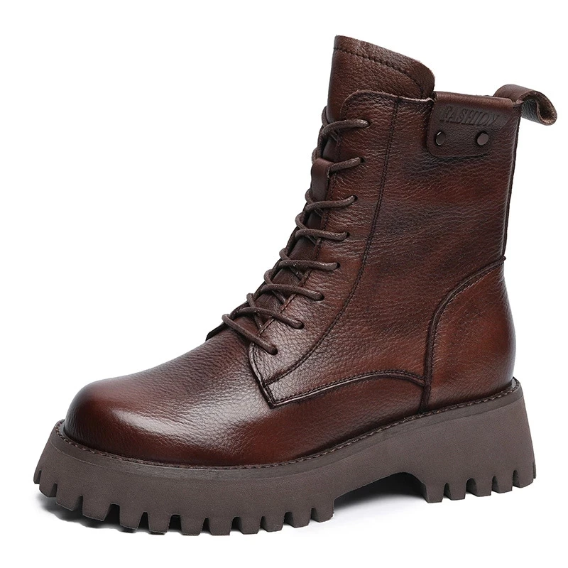 

Winter Boots For Women 2022 New Fashion Thick Sole British Style Women's Shoes Lace-up Platform Boots Female Genuine Leather