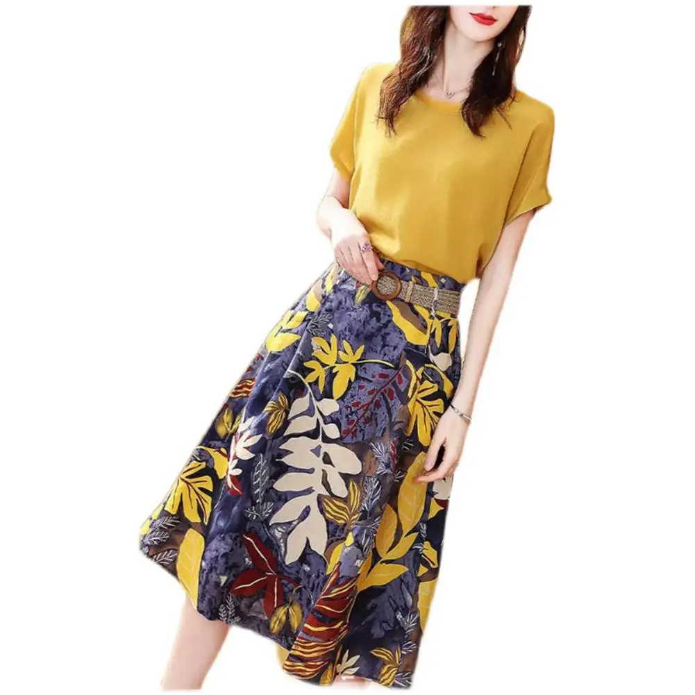 

2 Pcs Women Skirt Suit Round Neck Short Sleeve T-shirt High Waist Floral Skirt Leisure Clothing Set Hot Sale