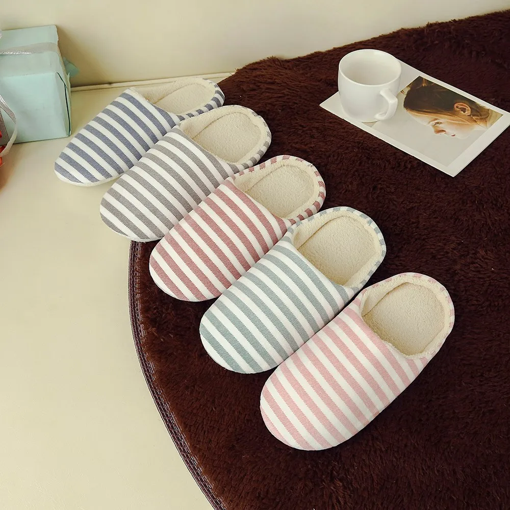

Women Men Warm Striped Slipper Indoors Anti-Slip Winter House Shoes House Bedroom Slippers Warm Winter Cotton Slippers 2022 New