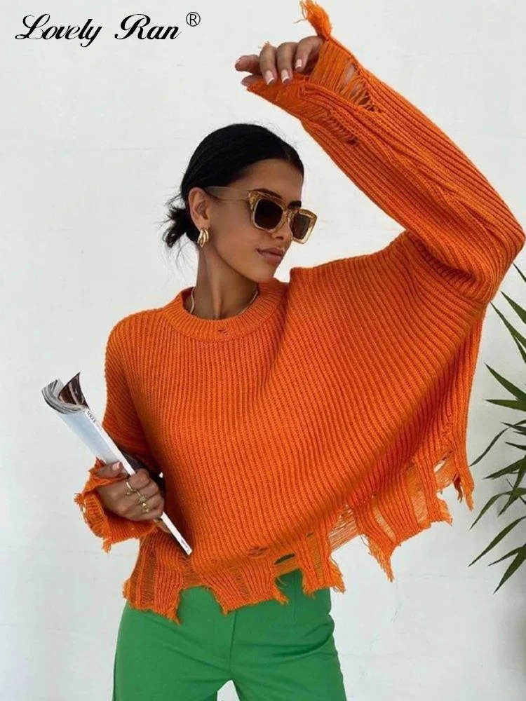 

Женский вязаный свитер с кисточками, повседневный Свободный пуловер с рваным подолом и дырками, модный Дамский джемпер с длинным рукавом и круглым вырезом, Осень-зима 2022