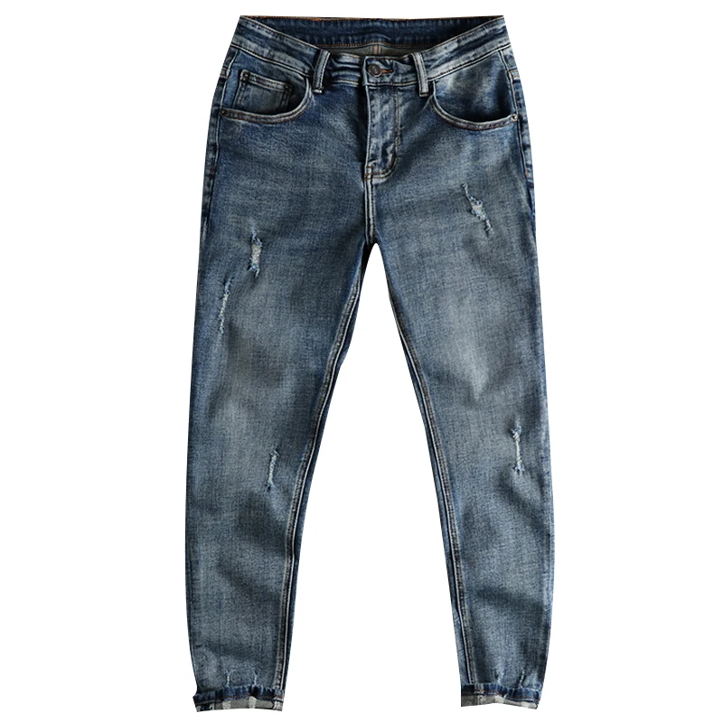 Simple retro jeans with old holes, men's personalized trousers with rotten edges, slim feet, nine-minute pants and boots.