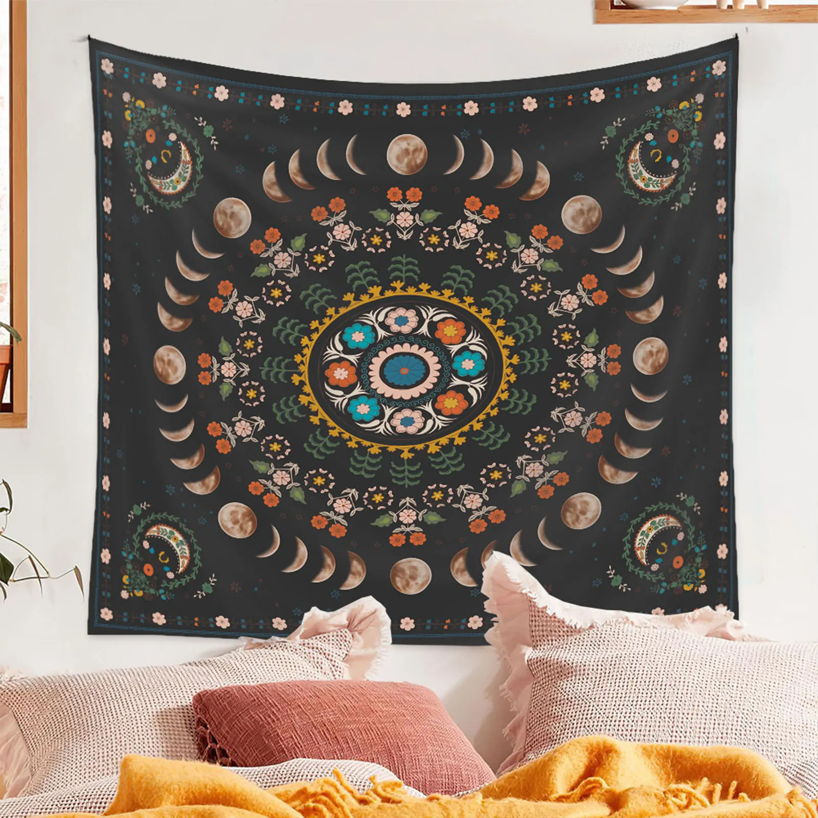 

Богемный гобелен, декор для комнаты, подвесной цветочный гобелен в виде Луны 100x150 см, 130x150 см, x см