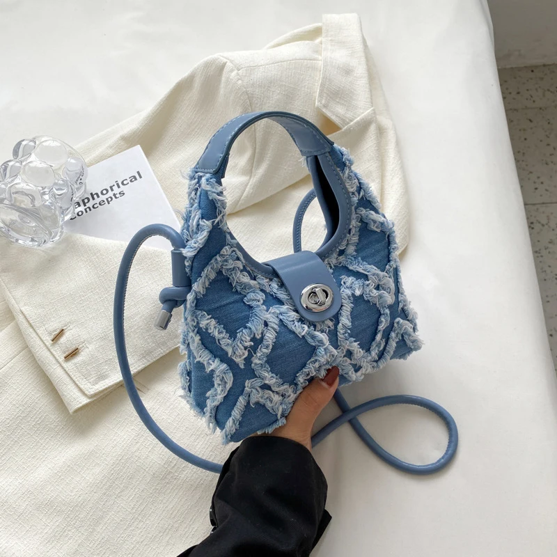 

2023 New Design Shoulder Crossbody Bag Armpit Bag Handbag Temperament Canvas Denim Color Sanding Rhombic Lattice Tote Bag