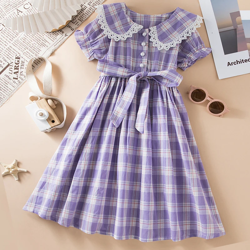 

Baby Children Dresses for Girls Clothes Teenagers Summer Short Sleeve Plaid Princess Outfits Kids Party Dresses Child Costumes