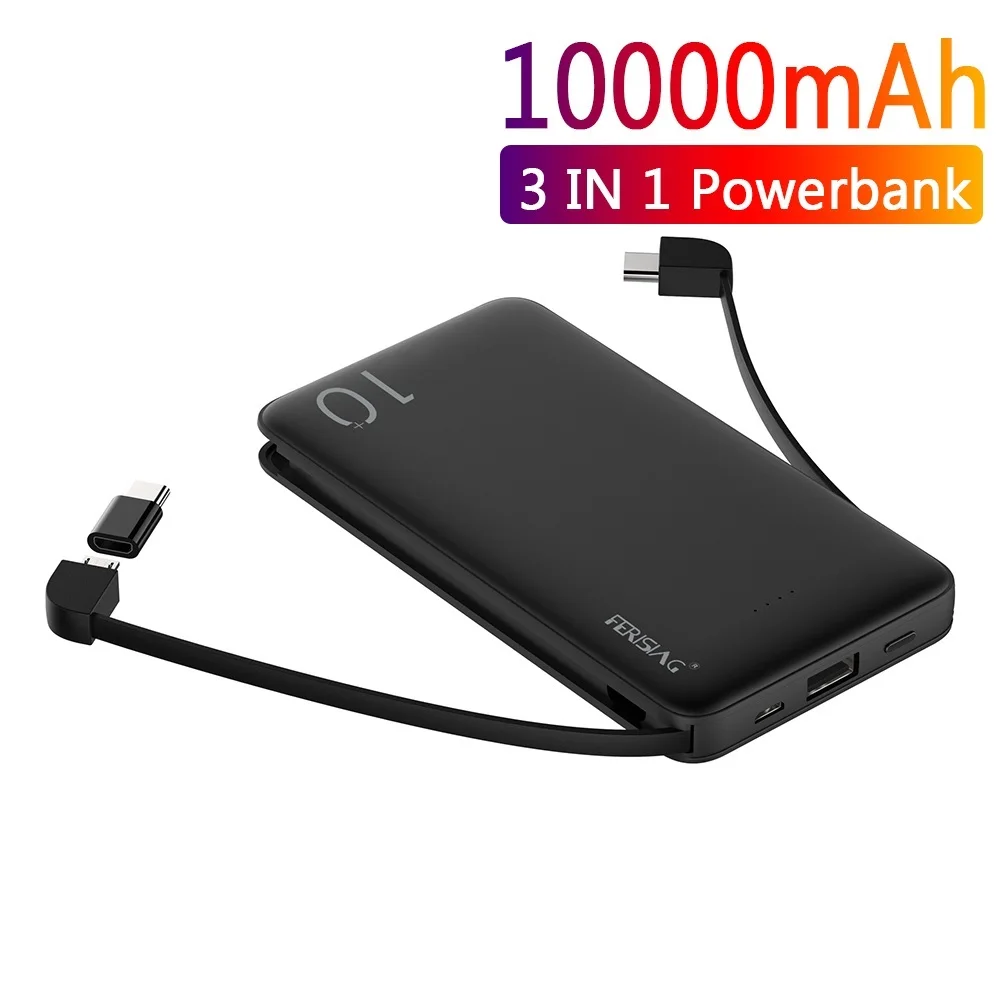 Cargador portátil USB de 10000mAh con Cable, PowerBank de batería externa, paquete de carga para iPhone, Samsung y Xiaomi