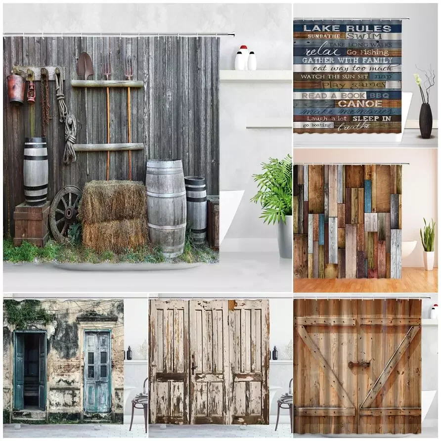 

Retro Rustic Wood Doors Shower Curtains Vintage Farm Barn Old Door Home Decor Waterproof Polyester Fabric Bathroom Curtain Set