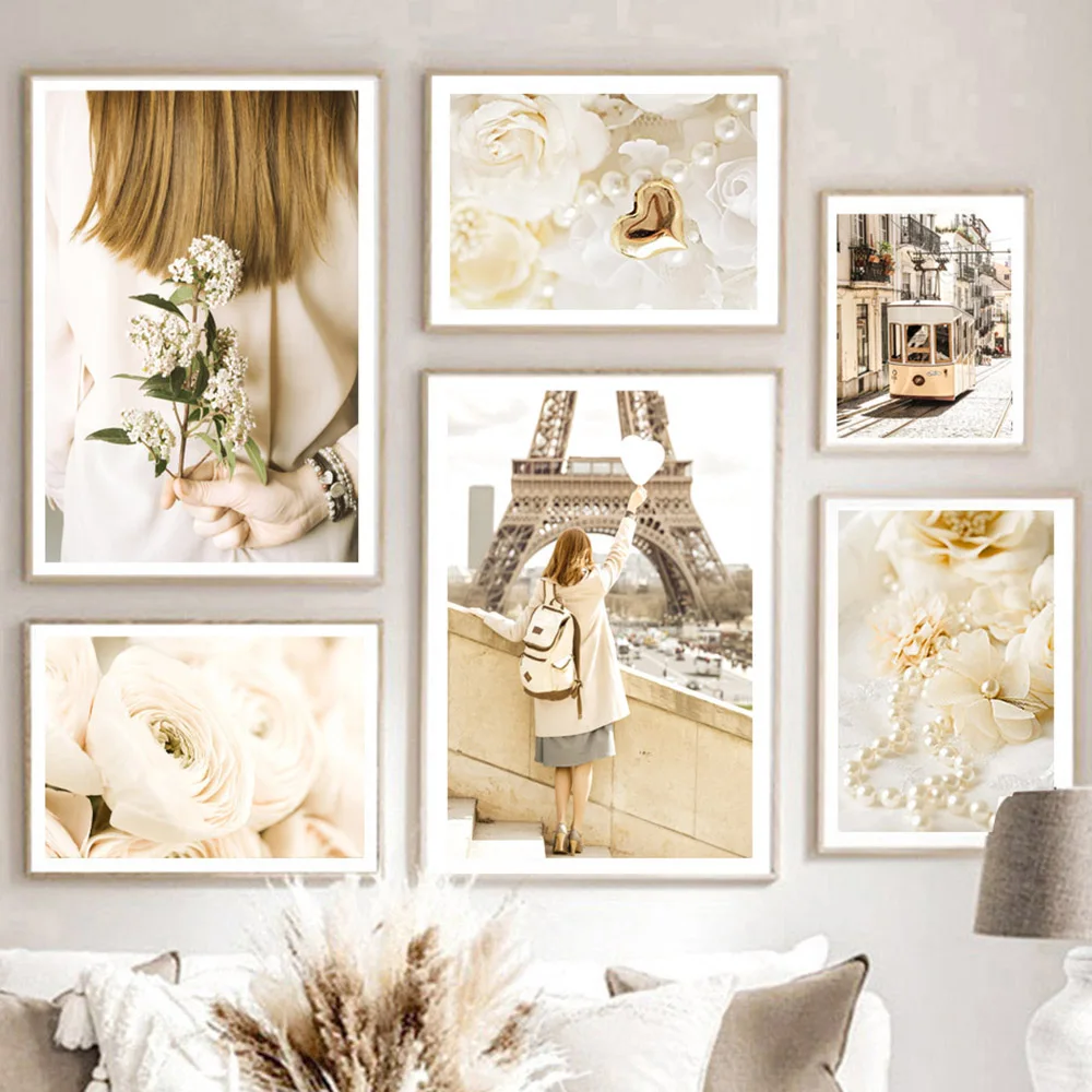 

Nordic Posters Paris Tower Rose Flower Fashion Girl Tram Wall Art Canvas Painting And Prints Wall Pictures For Living Room Decor