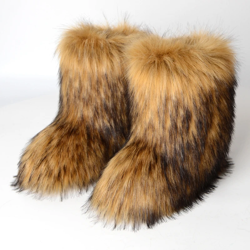 Women Snow Boots Outdoor Winter Luxury Furry Faux Fur Boots Ladies Plush Boots Long Warm Fur Boots Fashion Shoes Big Size