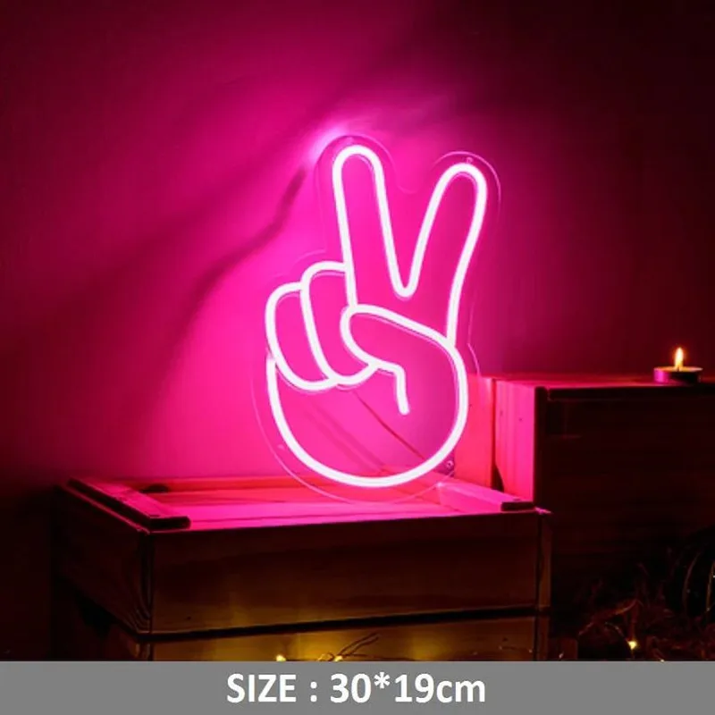 wanxing Victory Neon Sign with Acrylic Plate 5V USB Powered V Gesture Hand Peace Neon Sign Home Shop Store Wall Table Decor