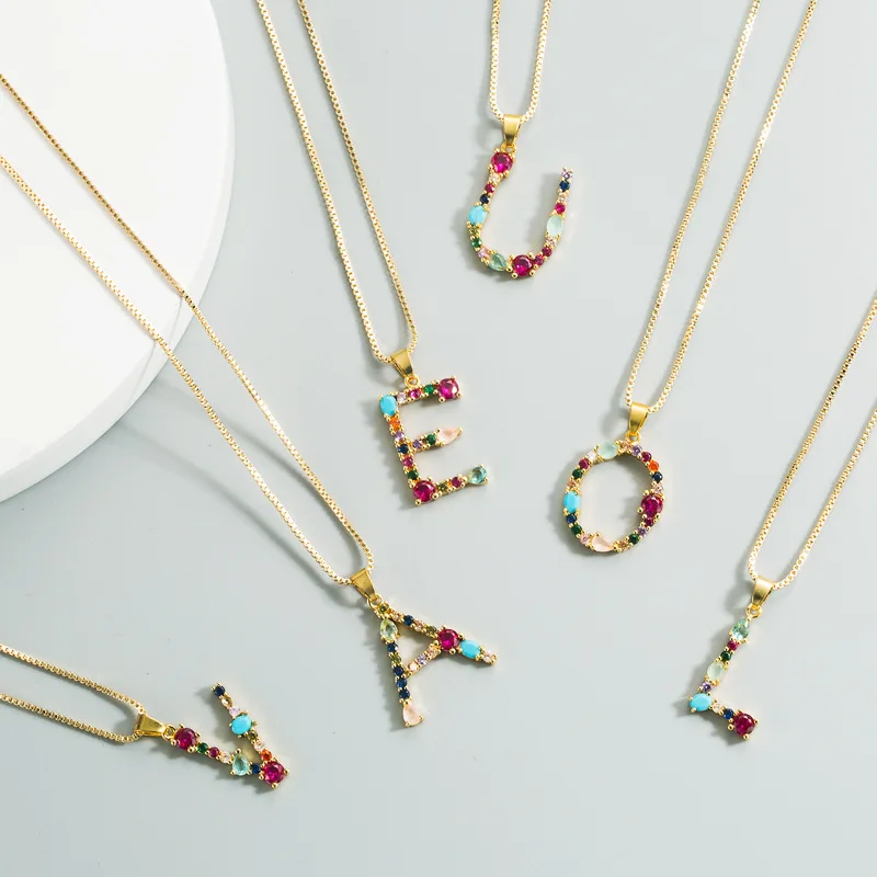 

26 English Letter Necklace Women's 2020 New Bohemia Style Colored Necklace Copper Plated Gold Clavicle Chain for Girls