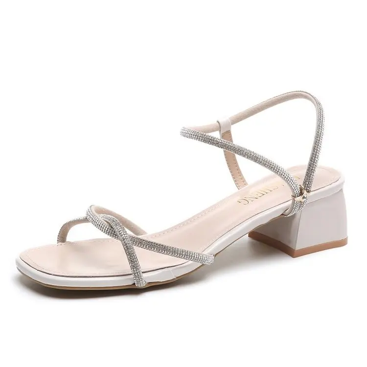 

2022 New Summer Bling Woman Sandals Crystal Sexy Heels Shoes For Ladies Gold Narrow Band Sandalias mujer White Wedding Shoes