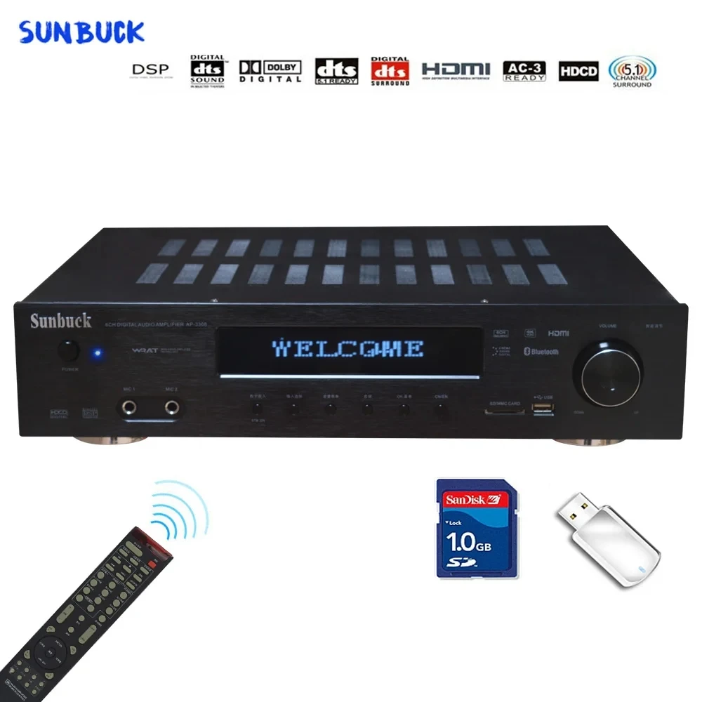 Sunbuck Bluetooth 1200W 5 1 AV звуковой усилитель без потерь аудио 4K 1080P HD DTS Dolby AC-3 домашний