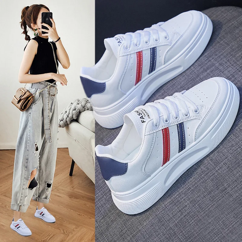 

Women Leather Casual Shoes Girl Spring Summer Flats Skateboard Shoes Sneakers Striped Vulcanized Shoes