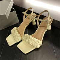 fashion square toe weave high heels slippers open toe tied sandals buckle strap narrow band ankle strap thin heel ladies shoes