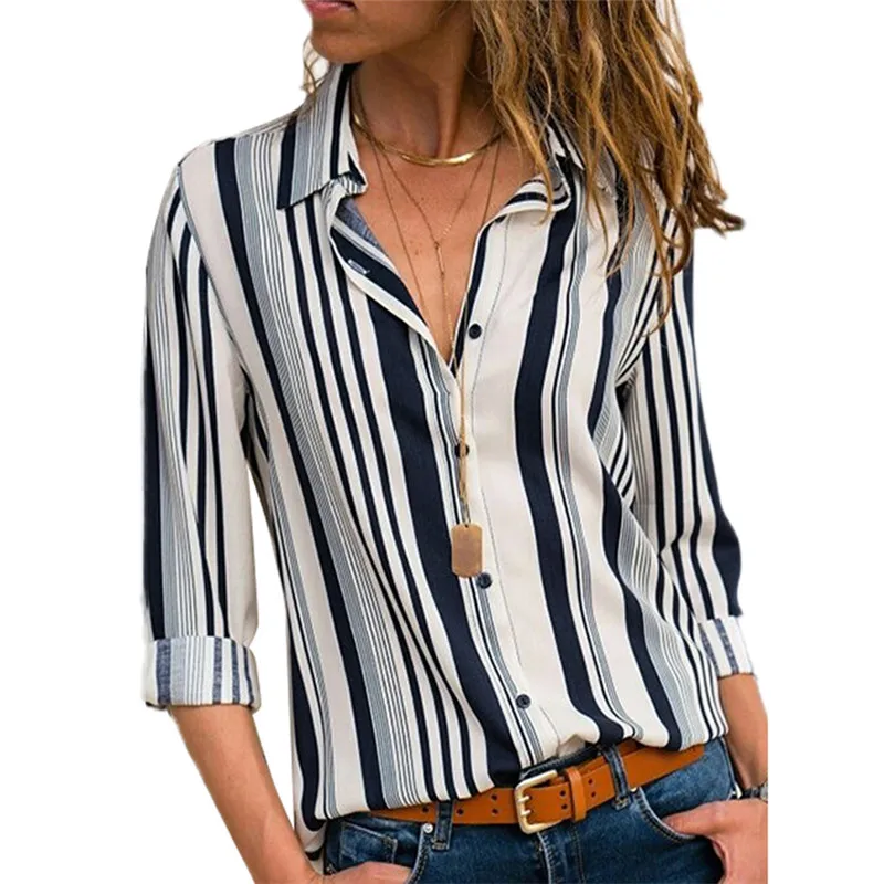 

2021 Fall Winter Long Sleeve Oversized T Shirts Women Big Size Striped Printed Tops Turn-down Chiffon Blouses Blusas Mujer Tees