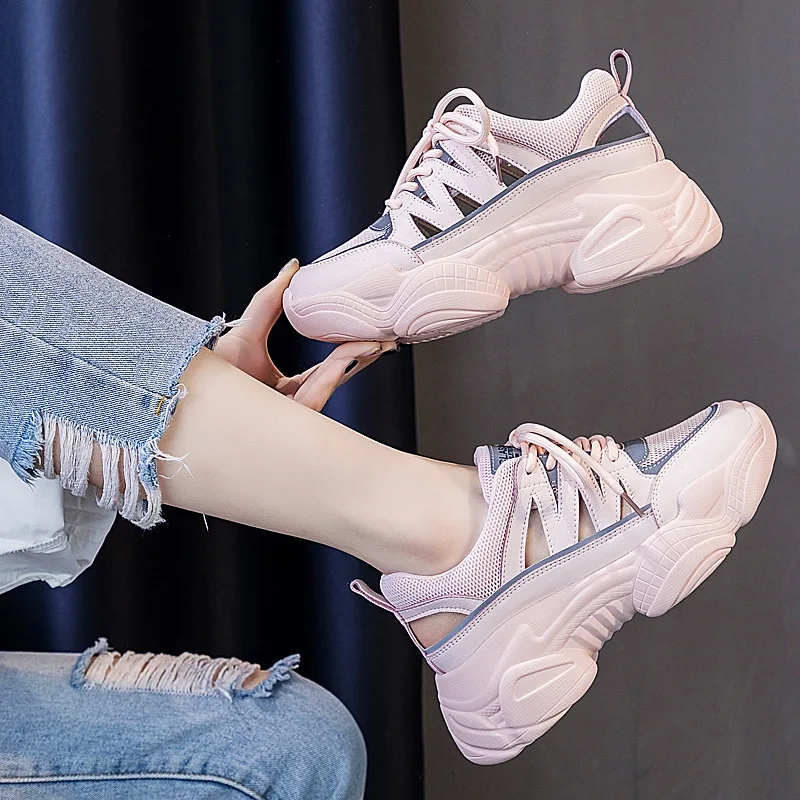 7cm Air Mesh Genuine Leather Women Summer Side Hollowing Soft Sole Platform Wedge Sandals Fashion Chunky Ladies Sneakers Shoes