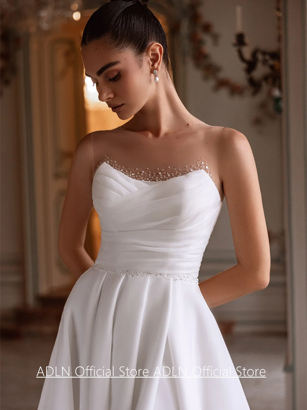 Фото Свадебное платье из органзы Vestidos De Novia по индивидуальному заказу, съемное свадебное платье без рукавов со складками и бисером, трапециевидное свадебное платье с разрезом №4