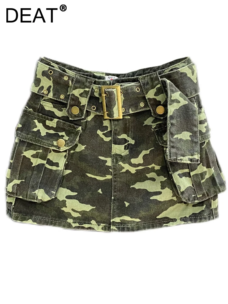 

DEAT Fashion Women's A-line Skirt Slim High Waist Lace-up Belt Metal Button Camouflage Short Skirts Spring 2023 New 17A6741
