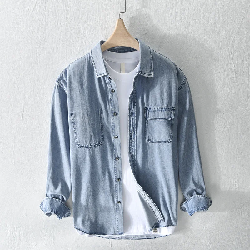 

camisa jean Vintage Denim Shirts For Men Drop Shoulder Sleeve All-Match Fit Streetwear Harajuku Trendy Korean Style Tops