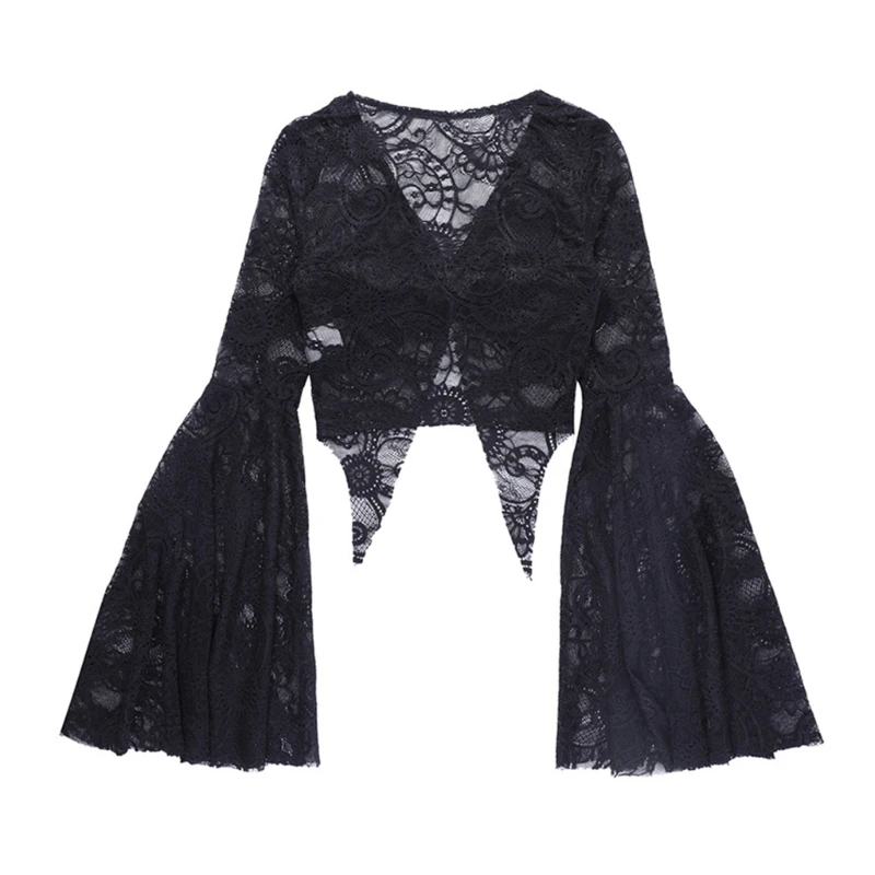 

Women Dark Lace Hollowed Flared Sleeve Sexy Fitting Tops