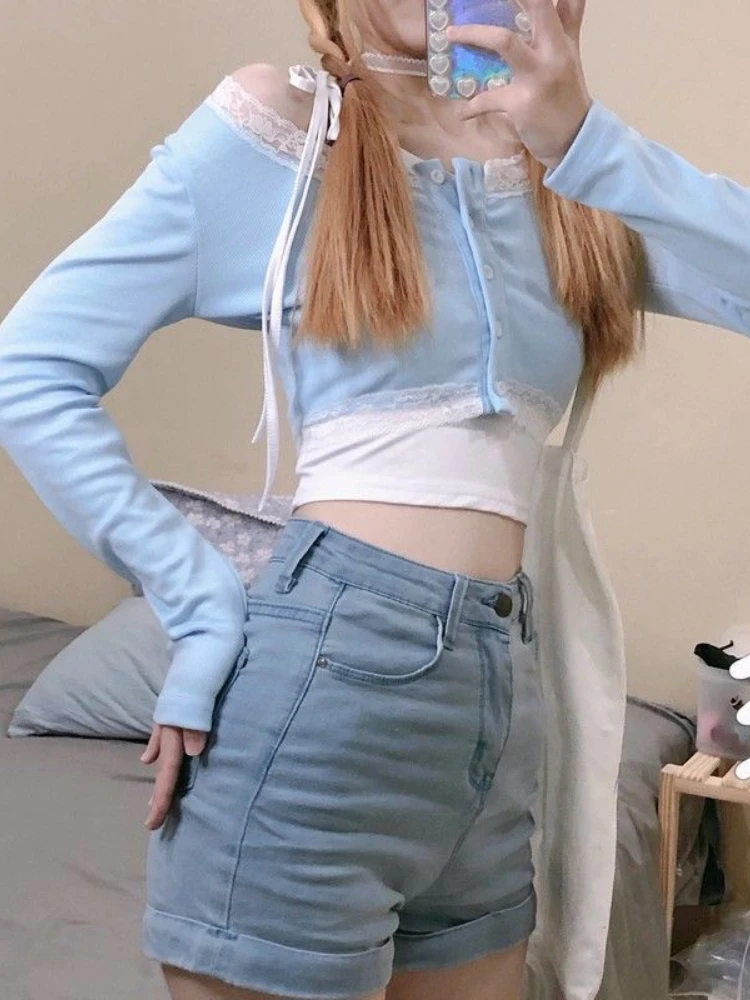 Кружевные голубые милые топы женские дизайнерские пикантные облегающие рубашки