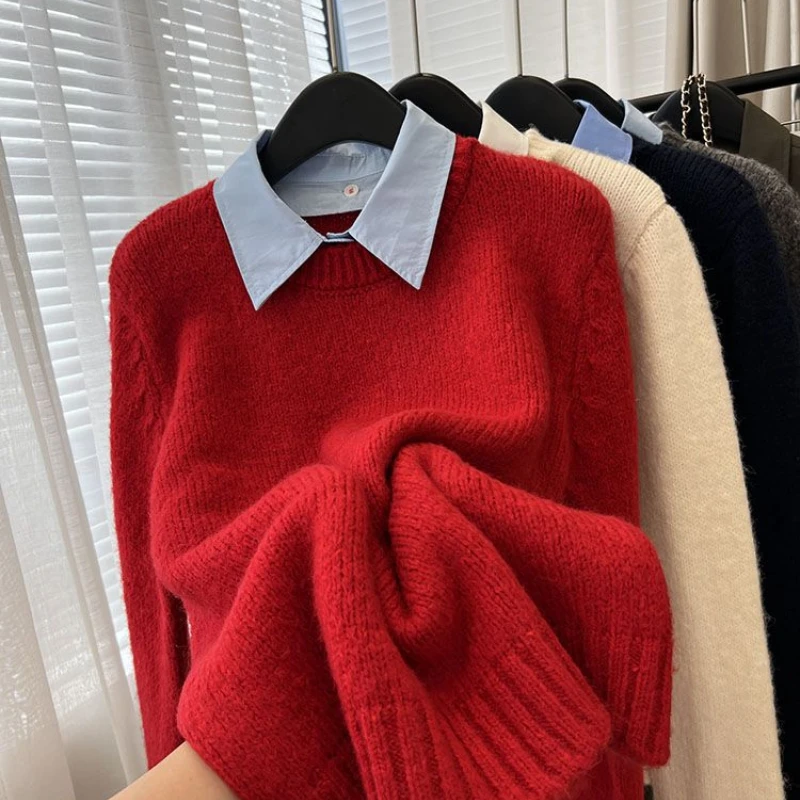 Moyi Yixiu вязаный свитер осенняя рубашка из двух предметов новый стиль контрастный