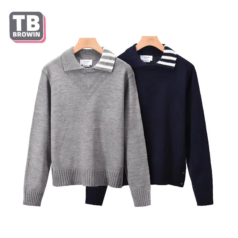 

Tb Browin Thom Fashion Brand Sweater Garment Unlined Upper Stripe Cotton Wool Men's College Style Casual Lapel Sweater