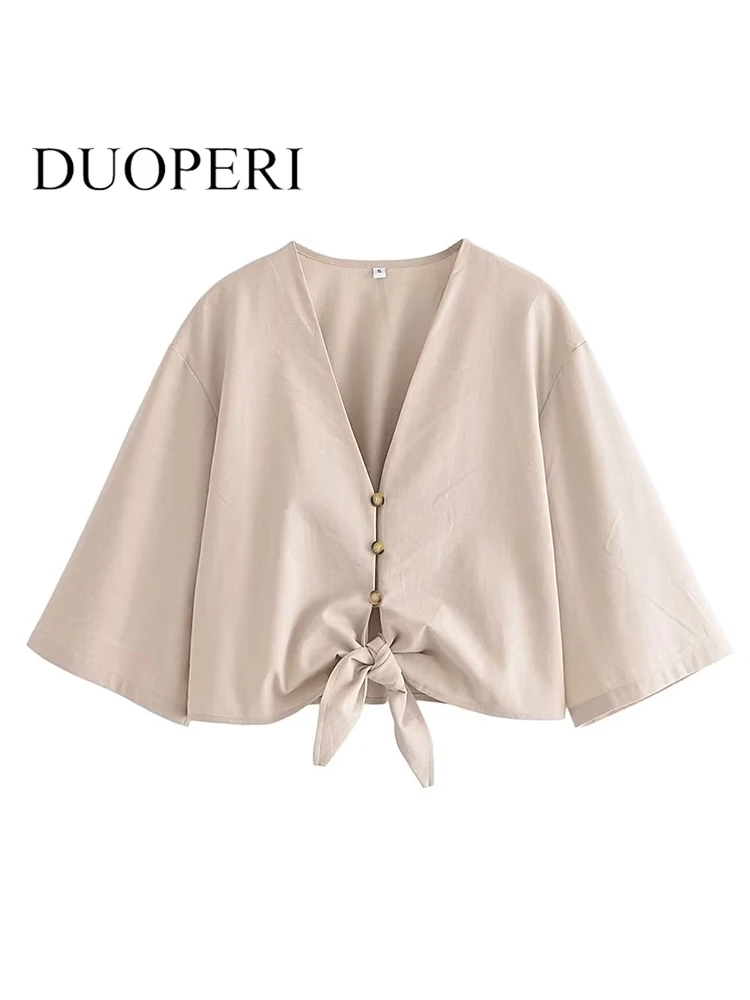 

DUOPERI Women Fashion With Bow Solid Single Breasted Cropped Blouse Vintage V-Neck Half Sleeves Female Chic Lady Shirts