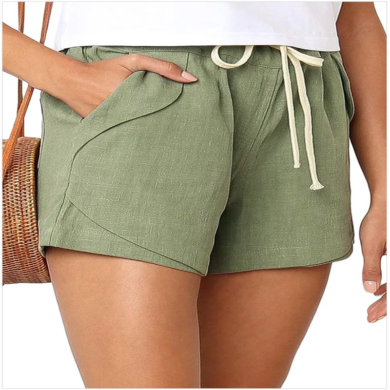2023 Summer New Women's Simple Fashion Casual Cotton and Hemp Shorts Solid Color Pocket Drawstring Slim Fit Sexy Thin Beach Pant