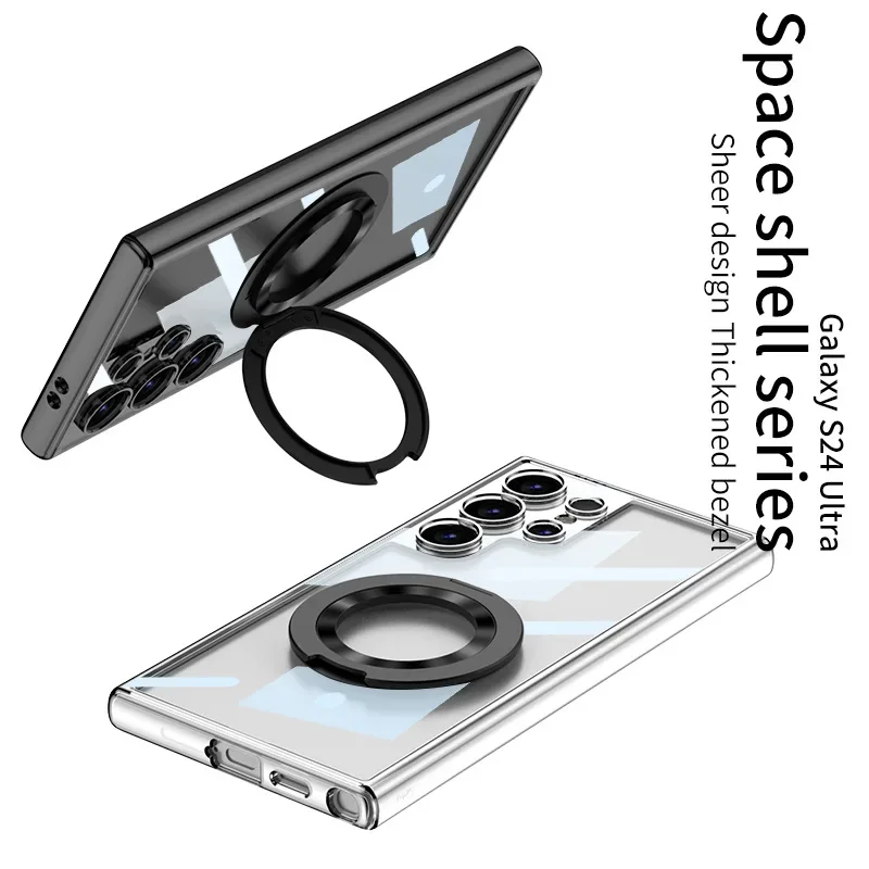 For Samsung S24 Ultra Phone Case Transparent Ring Stand Wireless Charging Compatible Motorcycle Electronic Accessories