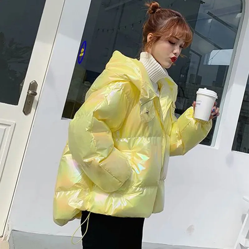 

Forward Short Back Long Women's Down Jacket Winter New Colorful Internet Celebrity Glossy Korean Style Loose Coat Bread Clothes