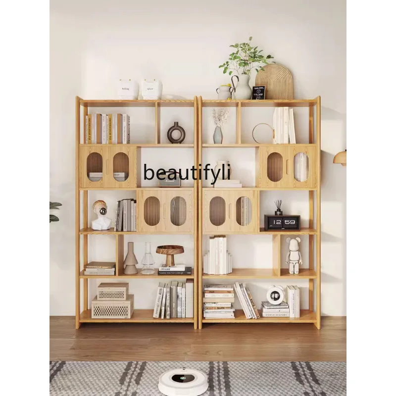 

yj Log Style Solid Wood Bookshelf Floor Living Room Study Wall Multi-Layer Locker Shelf