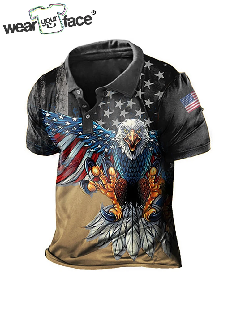 

Рубашка-поло мужская с принтом, короткий рукав, летающая пуговица, флаг США, Орл, уличная одежда, спортивный топ для гольфа, повседневная одежда