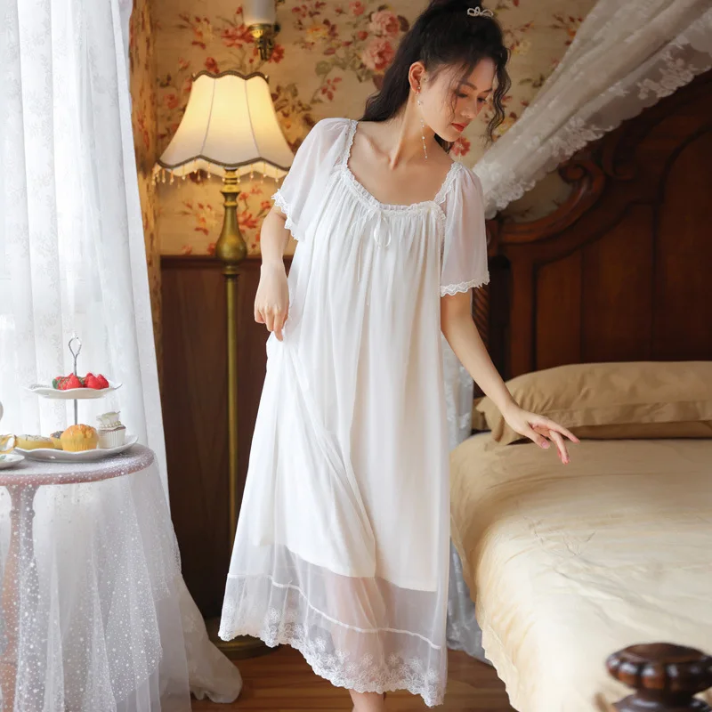 

Romantic Night Dress Women Fairy Mesh Modal Sexy Lace Peignoir Princess Sleepwear Vintage Victorian Nightgowns Lolita Nightwear