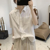 women leisure blouse solie color short sleeve ruffle patchwork single breasted lapel slim elegant chic ladies blouse for summer