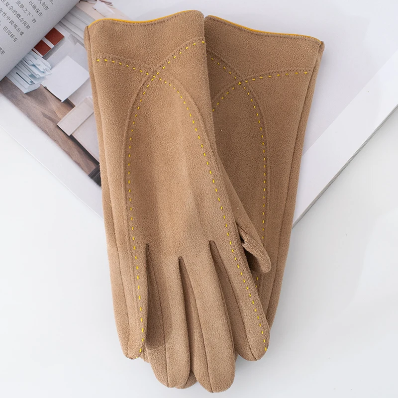 

Winter Women Outdoor Riding Flip Finger Embroidery Touch Screen Warm Mitten Suede Leather Inside Plush Thicken Driving Glove S48