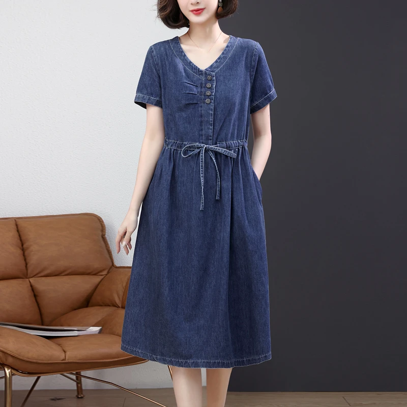 

2022 Summer Women Clothing V Neck Pleated High Waisted Blue Denim Dress , Casual Bow Short Sleeve Loose Dresses for Woman