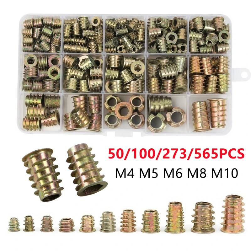 

50/100/273/565pcs M4 M5 M6 M8 M10 Metal Hexagon Hex Socket Head Embedded Insert Nut E-Nut Assortment Kit Box for Wood Furniture