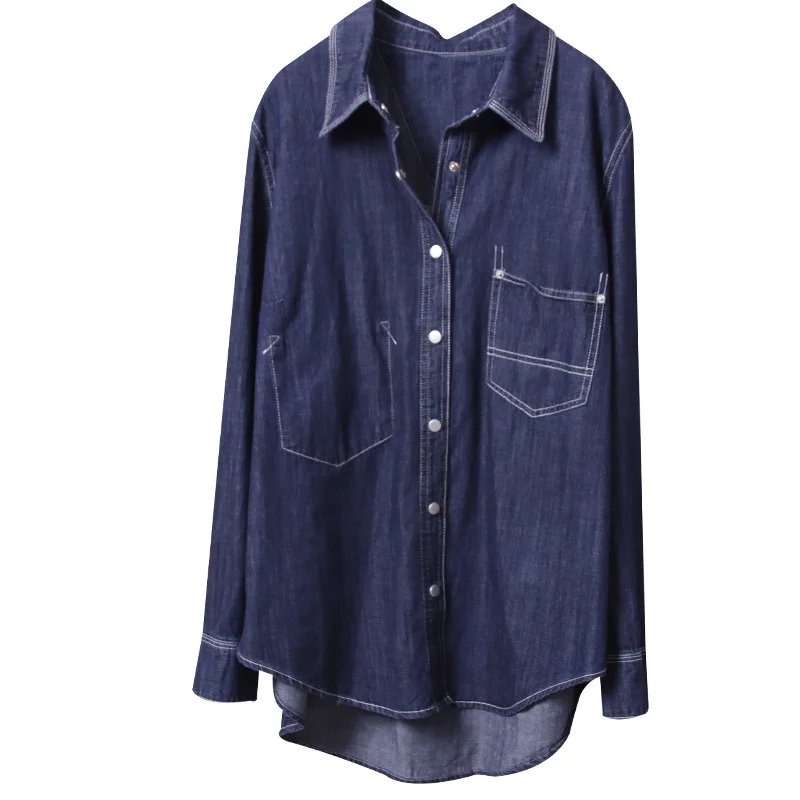 2024 Spring New Fashion Casual Pure Cotton Denim Shirts Women Asymmetric Chest Bag Sheath Shirt