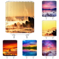beach sea wave shower curtain fabric bathroom curtains sunset dusk natural scenery orange purple sky cloth bath screen with hook
