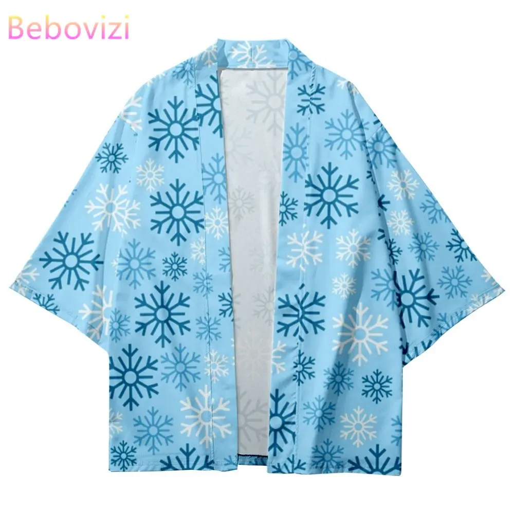 

Snowflake Print Light Blue Kimono Streetwear Men Cardigan Japanese Haori Clothes Summer Beach Yukata Cosplay Casual Shirts Tops