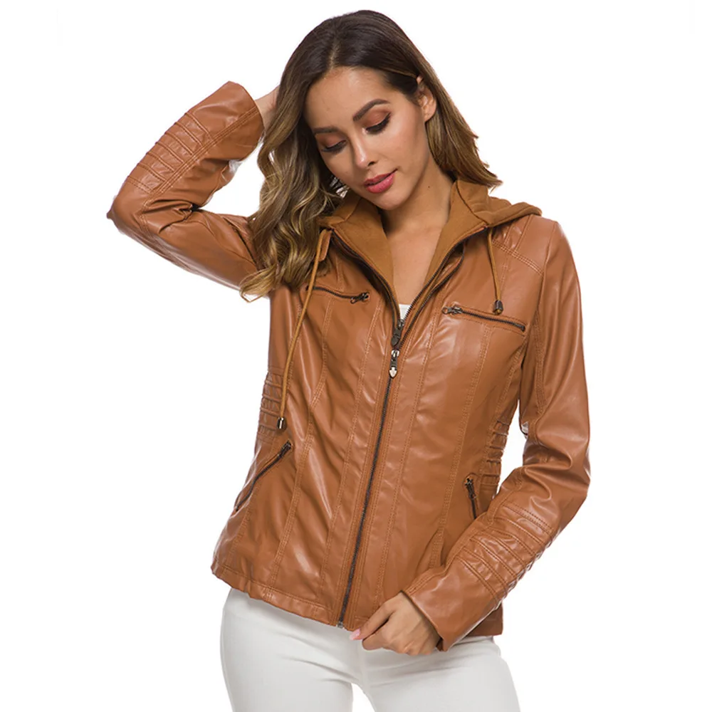 Hooded Jacket Lapel Solid Zipper Leather Jacket Short Coat Women Skinny Vintage Fashion Faux Leather  Jaqueta Feminina Jackets