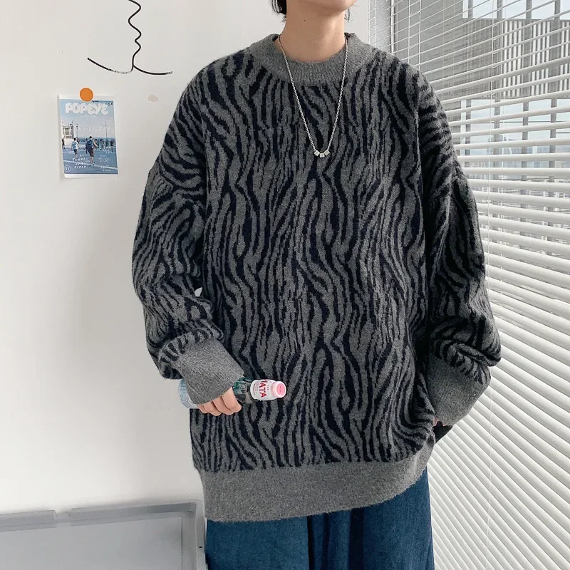 Модный вязаный топ для мужчин повседневный полосатый свитер пар свободная