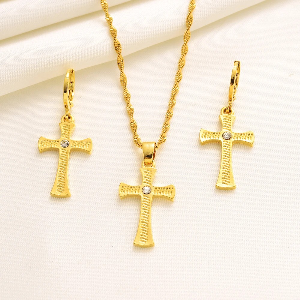 

Fashion Cross Jewelry Gold Girls Brida Jewelry Set for Women Necklace Earrings Set Party Accessories Dubai India Africa Gift