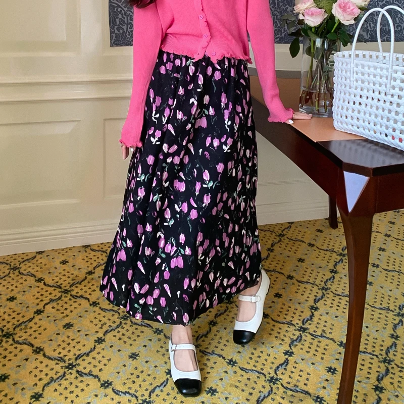 

Skirt Women Fashion 2022 Real Shot New French Retro Oil Painting Tulip Print High Waist Slim Mid-length Skirt