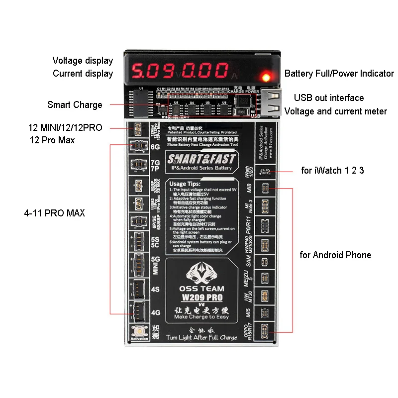 

Аккумуляторная батарея OSS W209 Pro V6, плата быстрой зарядки, активация, тестовое крепление для IPhone 4- X 11 12 12Pro 12ProMax, плата для Android