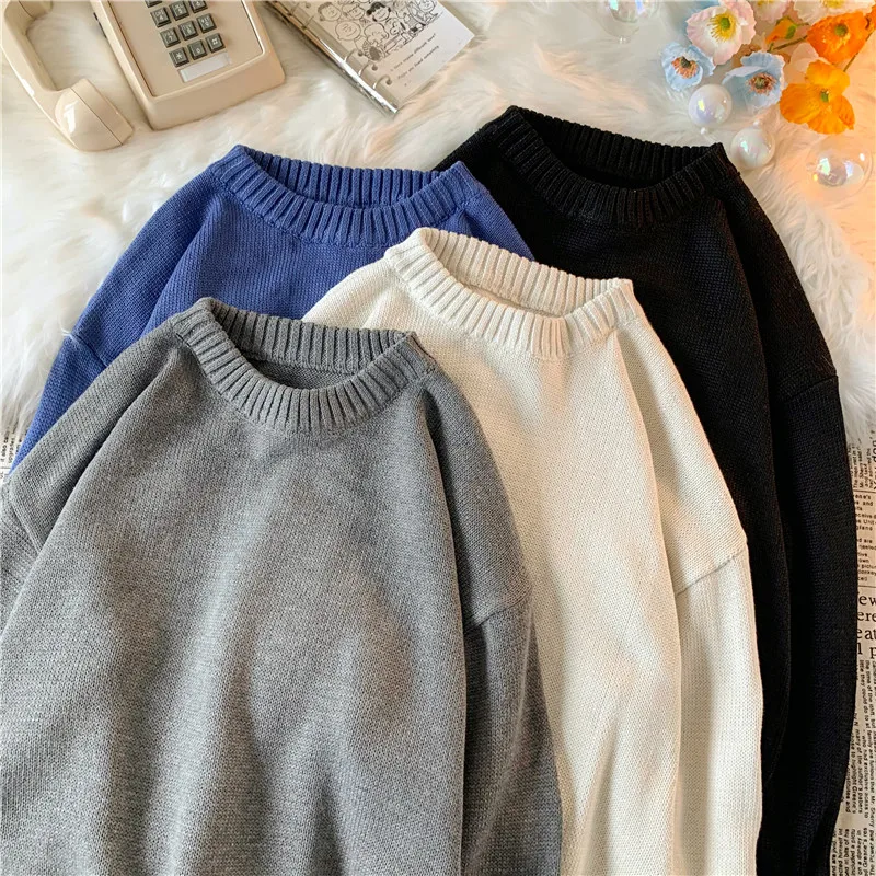 

J GIRLS Simple Knitted Pullovers Men Solid Basic O-neck Teenagers Daily All-match Unisex Males Sweaters High Quality Couple