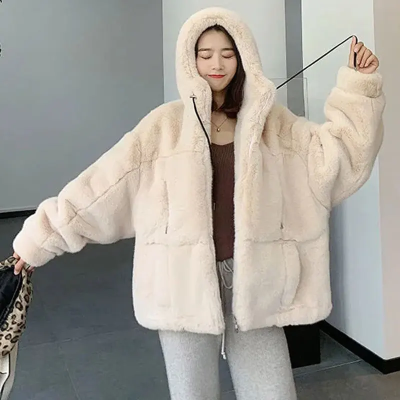Women's Fur Jacket Famale Loose Faux Rabbit Fur Zip Hooded Thicken 2023 Winter Short Fur Coat Excellent Texture Thick Fur khaki
