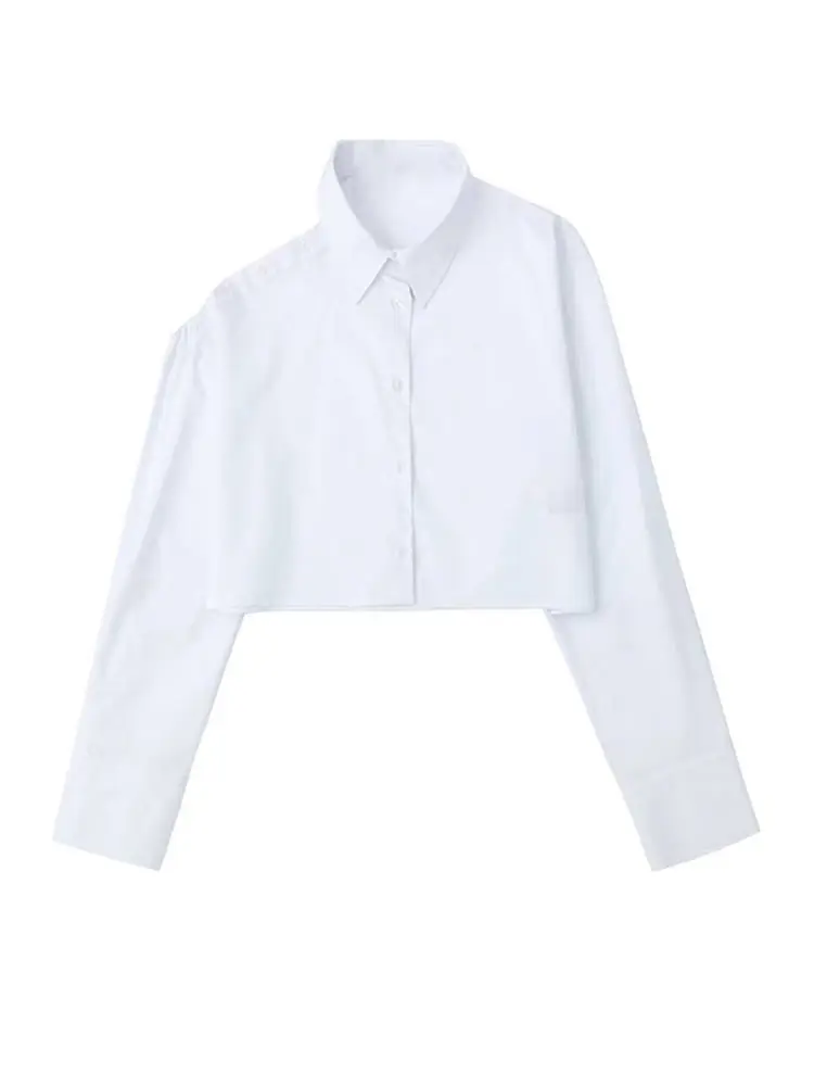 

Elegant Solid Slim Cropped Tops 2023 Spring Women Casual Turn Down Collar Long Sleeve Shirts Fashion Beach Female Blouses